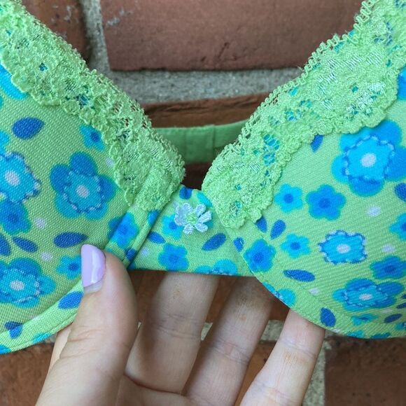 Floral Lace Trim Push-up Bra - Green and Blue - Picture 4 of 4